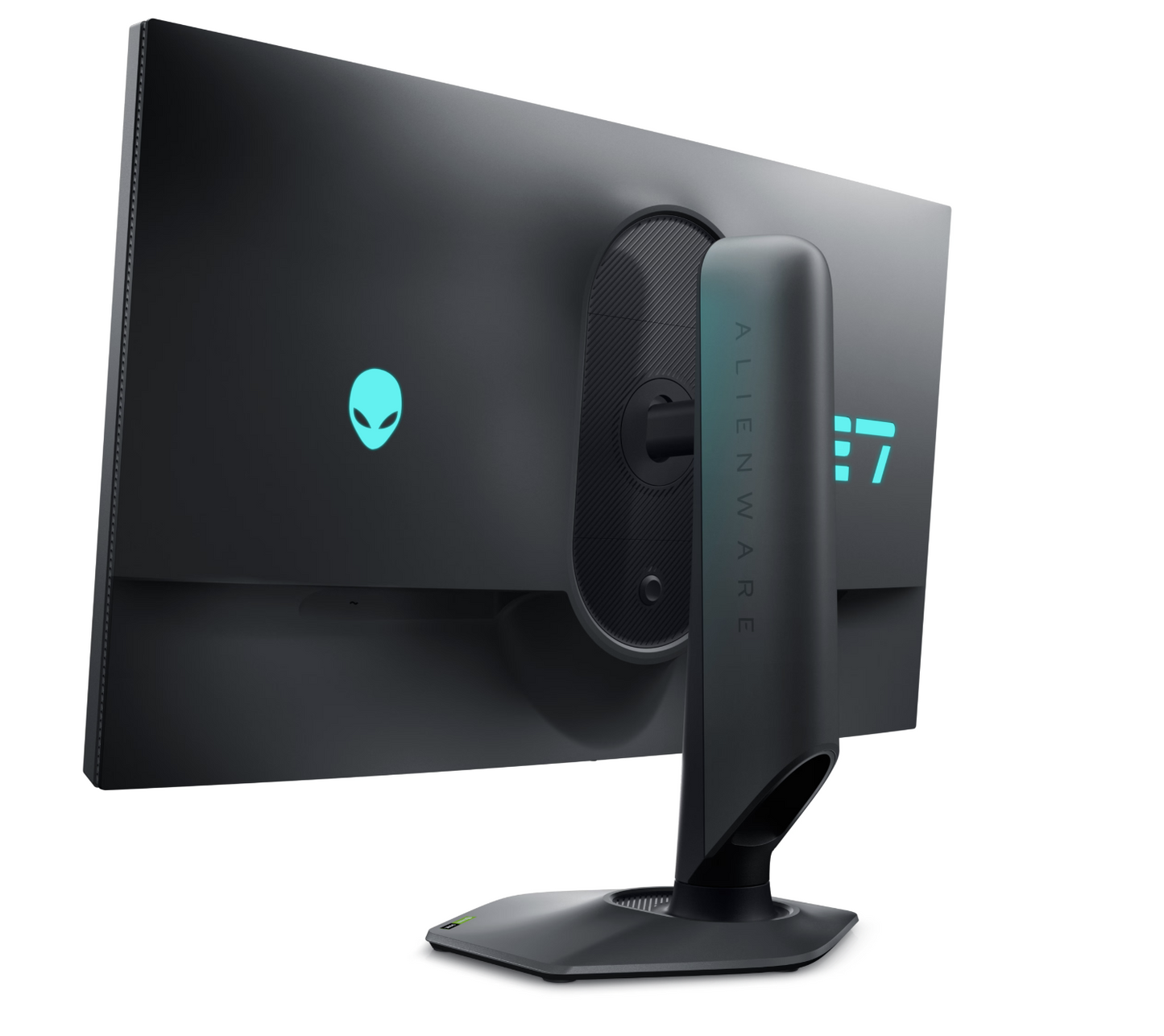 Angled Rear aspect of Dell Alienware AW2724DM 27 inch QHD Monitor showing ALineware logo light in blue adn Dark side of the moon coloured back plastics.