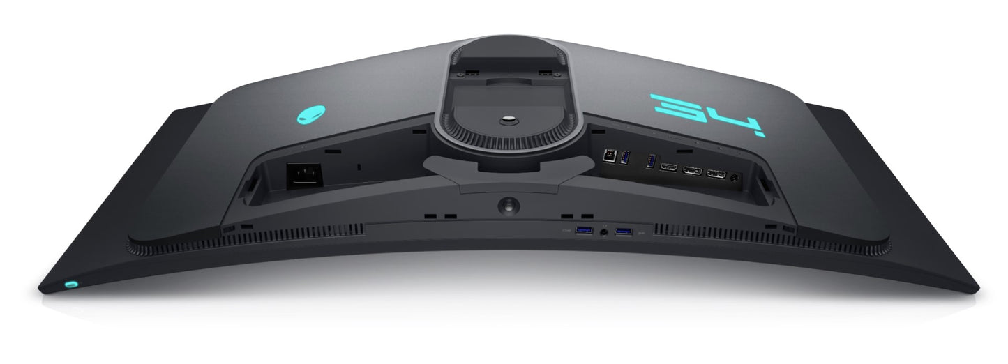 Ports of the Dell Alienware AW3423DWF a Curved 34 inch Gaming monitor with OLED screen and Quantum Dot Technology showing Alienware logo number 34 lighting. The back plastics are in Dell's "Dark side of the moon" Colour scheme.