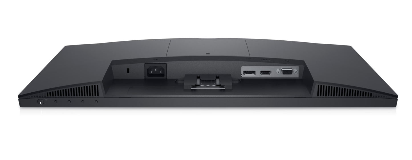 The Dell E2222HS lying with the screen face down and showing the ports. A 22 Inch Full HD Monitor with buillt in speakers and a height adjustable stand from the Dell Economy series.