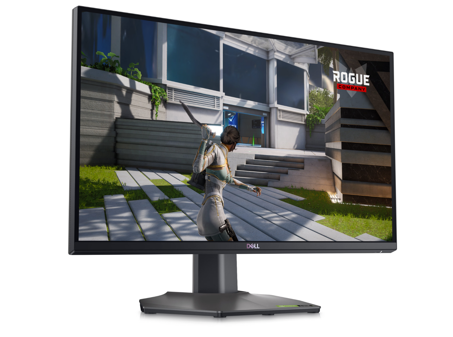 Angled front view of the Dell Gaming G2524H Full Hd Adaptive Sync Monitor showing Rogue company gameplay on the screen.