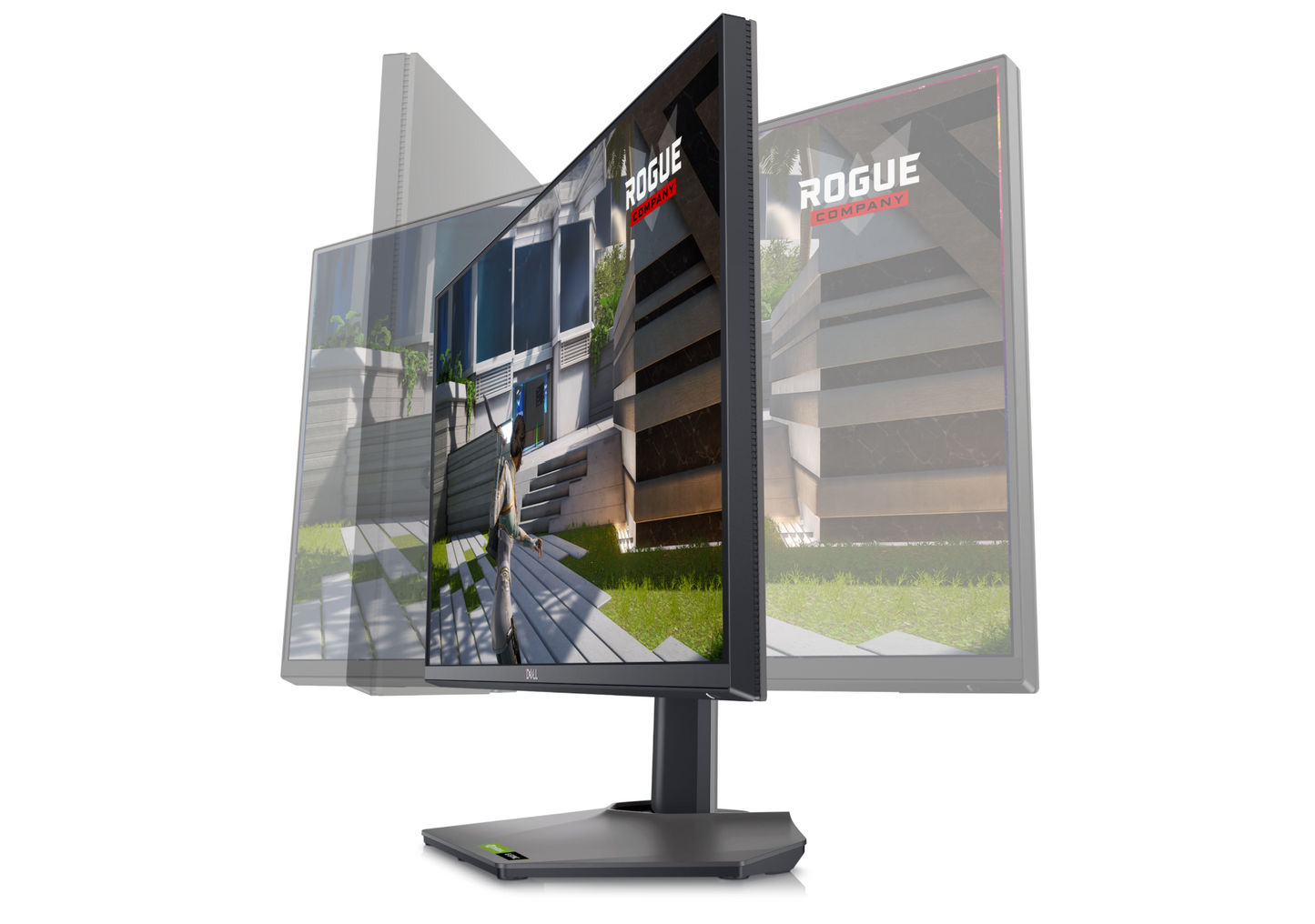 Front view of the Dell Gaming G2524H Full Hd Adaptive Sync Monitor showing Rogue company gameplay on the screen and Pivot adjustability options.