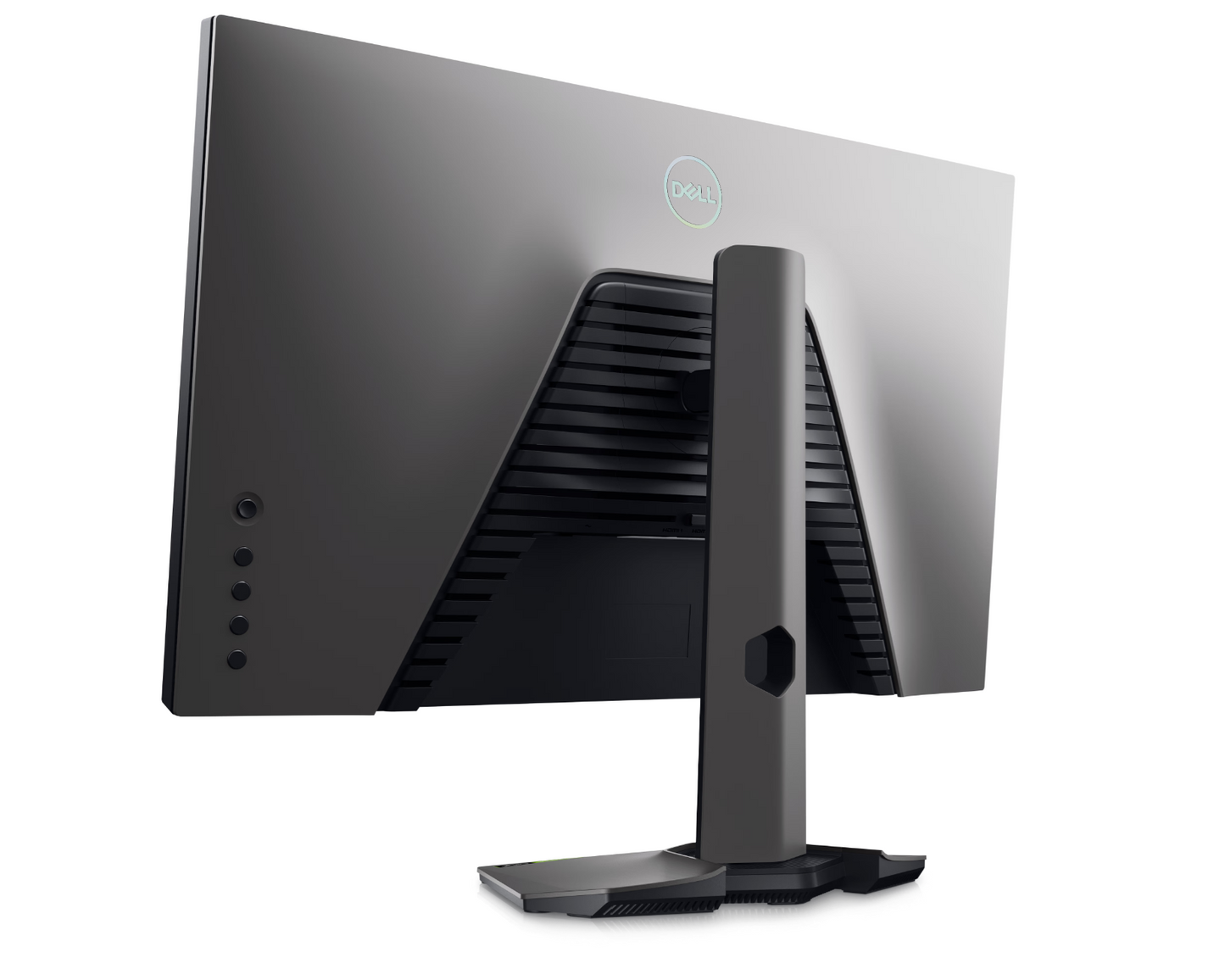 Tilted back view of the Dell Gaming G2723H a 27inch Full HD adaptive sync monitor showing Grey colour scheme, four buttons and joystick on left and side.
