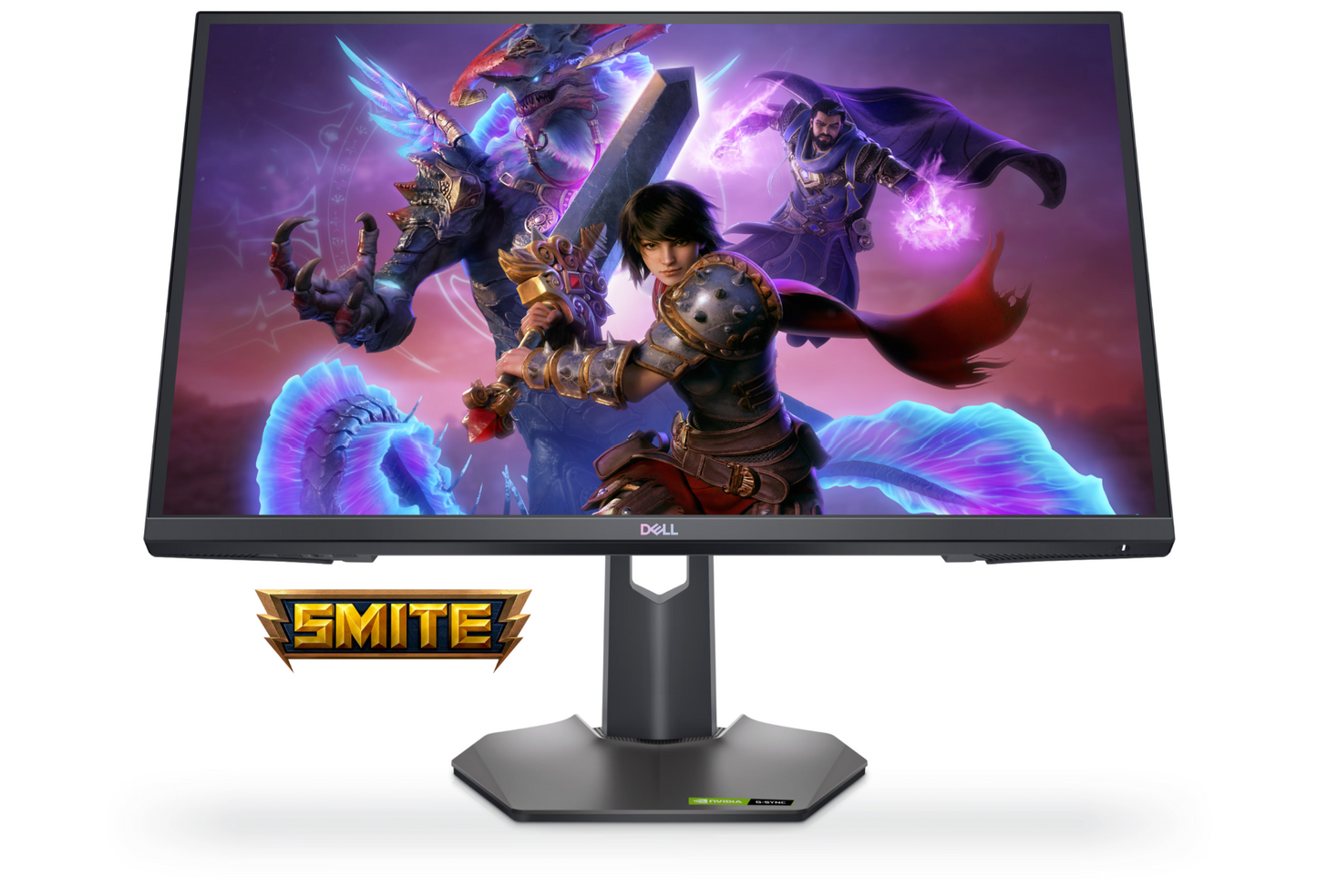 Front view of the Dell Gaming G2723H a 27inch Full HD adaptive sync monitor with Smite Gameplay showing on the display.
