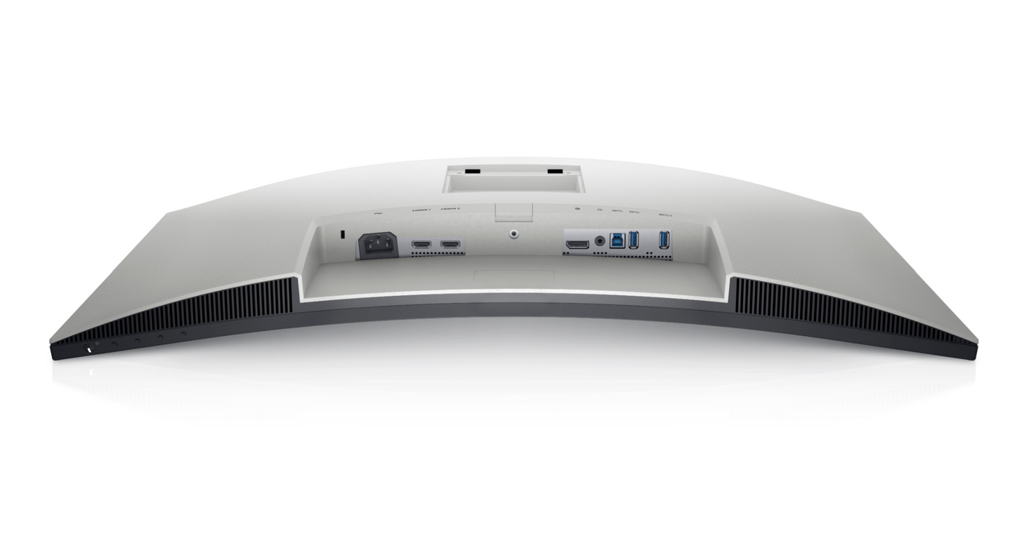 The Dell S3221QSA is laid with the screen facing down which demonstrates the curvature of the screen. There is a power button and four buttons on the lower left edge of the screen for use with the onboard menu. The ports below the stand slot from left to right are; Kettle lead, HDMI, HDMI, Display port, Audio line out, USB 3.0 upstream, USB 3.0 downstream and USB 3.0 downstream with Battery Charging 1.2.