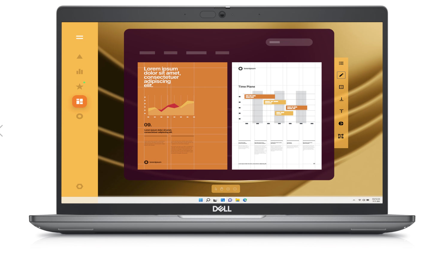 Front of the Dell Latitude 5450 Laptop with a 14 inch screen. The screen shows various charts. There is a camera and privacy shutter in the centre of the surround above the screen.