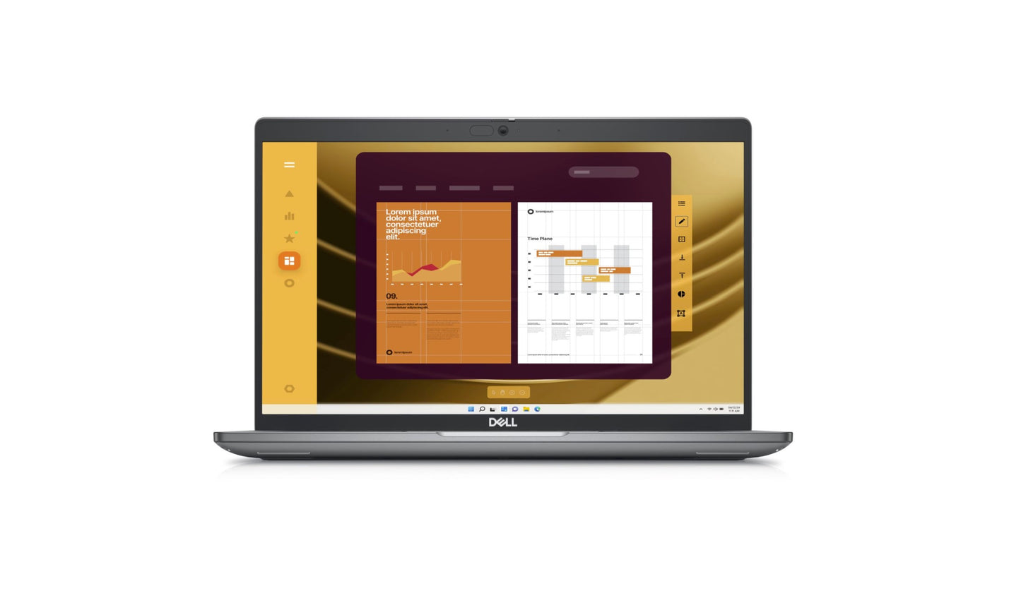 Front of the Dell Latitude 5450 Laptop with a 14 inch screen. The screen shows various charts. There is a camera and privacy shutter in the centre of the surround above the screen.