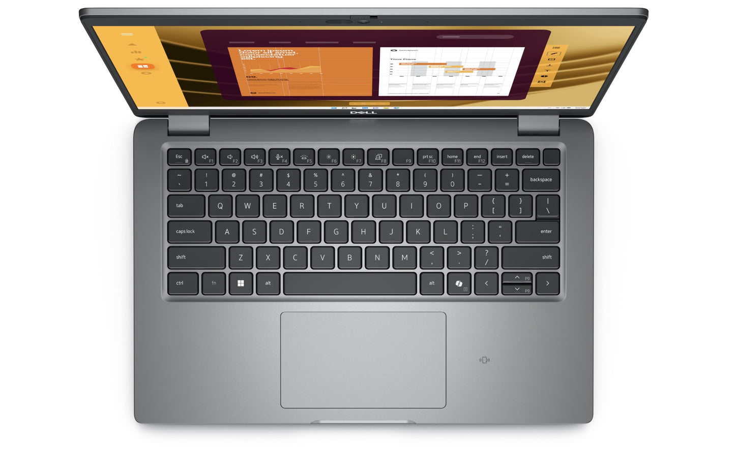 Top view of the Dell Latitude 5450 Leptop showing the English UK backlit Copilot key keyboard, 80-key. There is a Multi-touch gesture-enabled precision touchpad with seamless glass-integrated button.