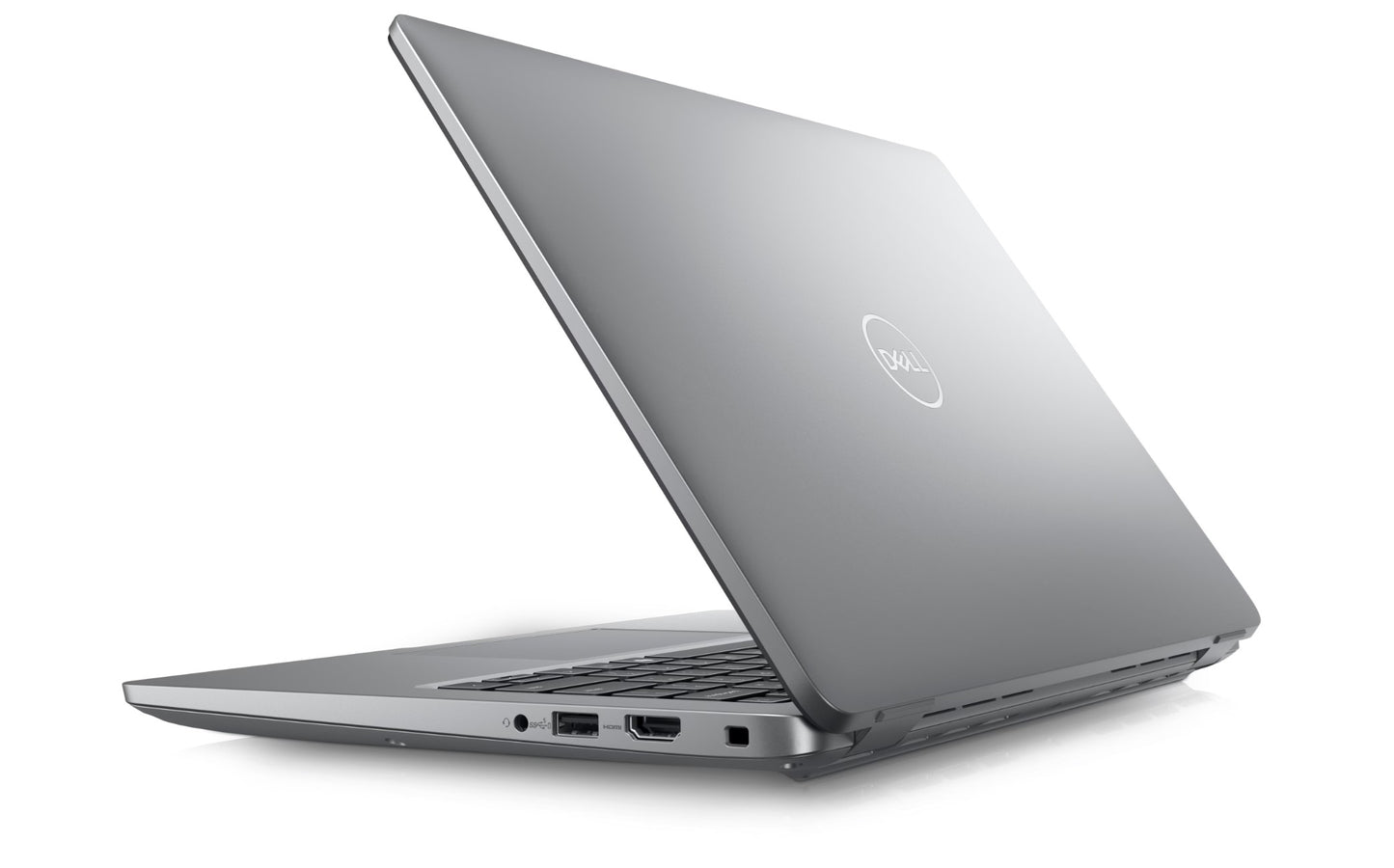 The Right hand side of the Dell Latitude 5450 Laptop the ports from left to right are; aUniversal Audio Jack, a USB-A 3.2 Gen1 with PowerShare, a HDMI 2.1 and a Wedge Shaped Lock Slot.