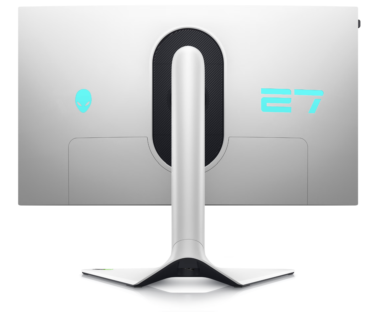 Rear aspect of Dell Alienware AW2723DF Monitor in Luna light colour showing Alienware logo and number 27 lit up in Blue.