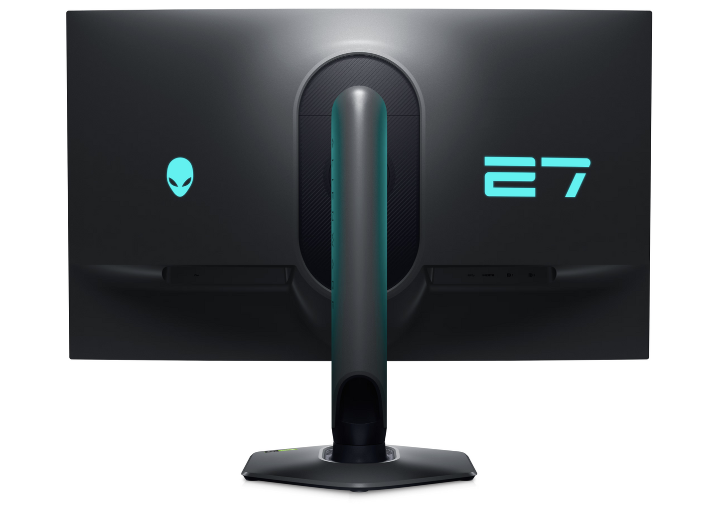 Rear aspect of Dell Alienware AW2724DM 27 inch QHD Monitor showing Alienware logo and number 27 Lights in blue.
