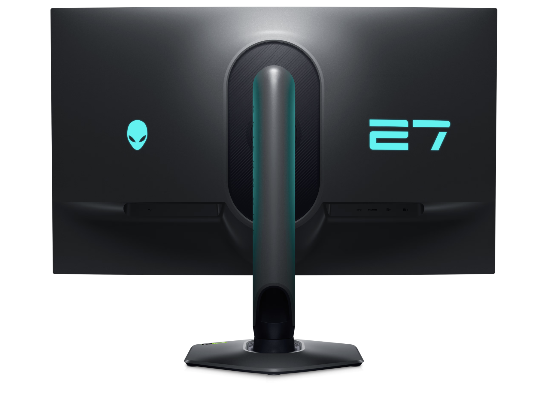 Rear aspect of Dell Alienware AW2724DM 27 inch QHD Monitor showing Alienware logo and number 27 Lights in blue.