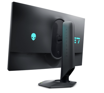 Angled Rear aspect of Dell Alienware AW2724DM 27 inch QHD Monitor showing ALineware logo light in blue adn Dark side of the moon coloured back plastics.