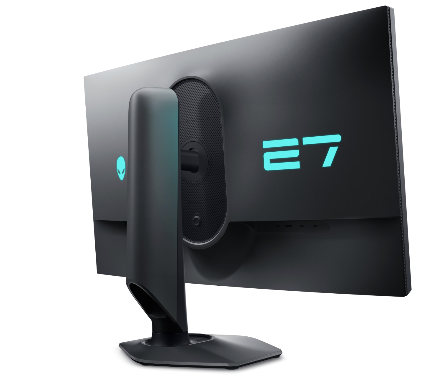 Rear Angled aspect of Dell Alienware AW2724DM 27 inch QHD Monitor showing number 27 Light.
