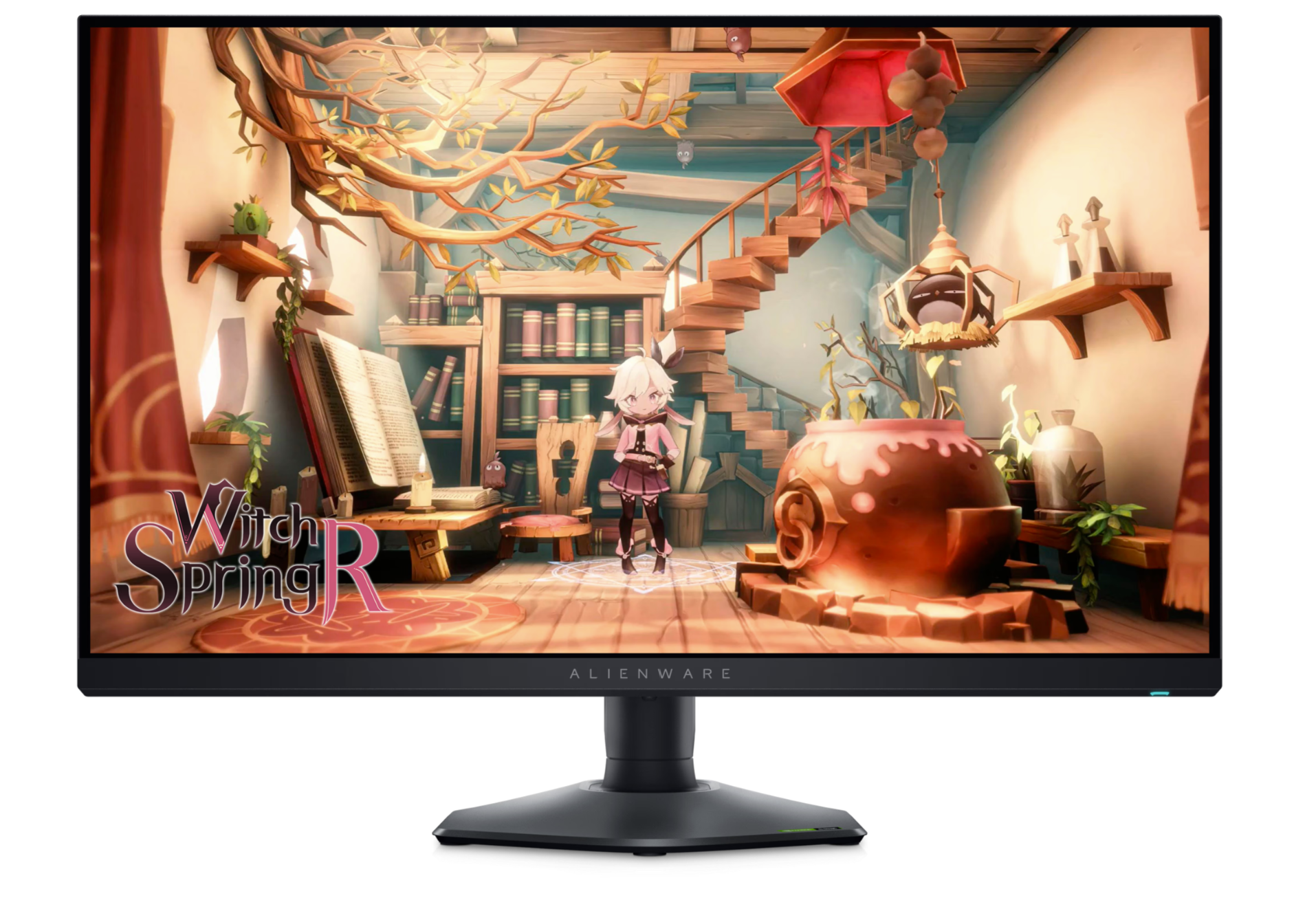 Frront aspect of Dell Alienware AW2724DM 27 inch QHD Monitor showing WitchR Spring gameplay.