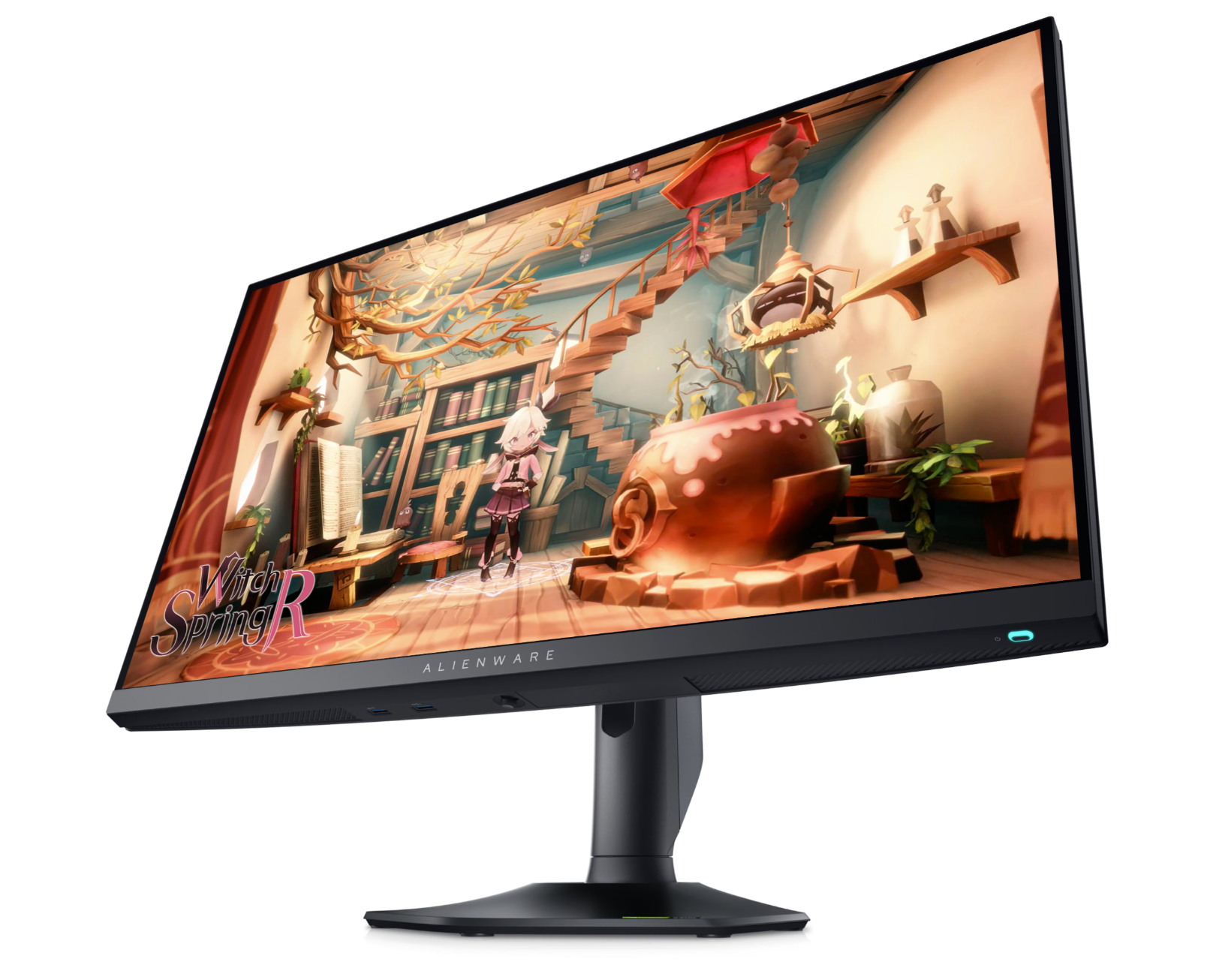 Angled front aspect of Dell Alienware AW2724DM 27 inch QHD Monitor showing WitchR Spring gameplay and power button light.
