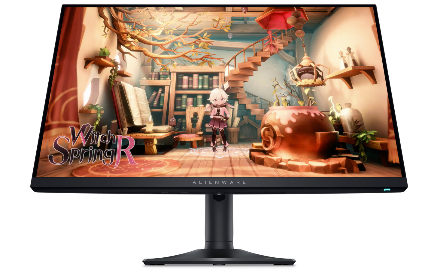 Angled front aspect of Dell Alienware AW2724DM 27 inch QHD Monitor showing Tilt feature and WitchR Spring gameplay on the screen.