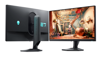Front and Rear aspect of Dell Alienware AW2724DM 27 inch QHD Monitor showing WitchR Spring gameplay on screen and Alienware logo and number 27 lights on rear plastics.