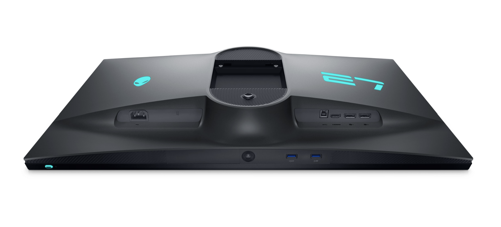 Dell Alienware AW2724DM 27 inch QHD Monitor in Dark side of the moon colour with Alienware logo and number 27 lit up in blue lying face down and showing various ports available.