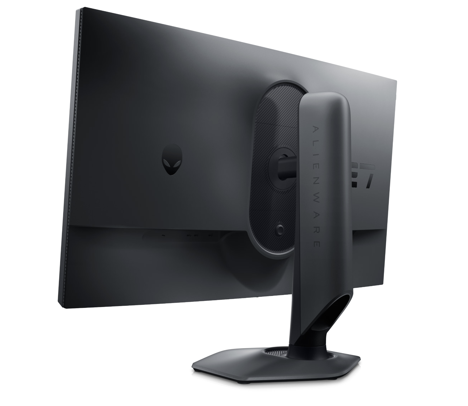 Rear view of the Dell Alienware AW2724HF Gaming Monitor with Full HD Resolution at 360Hz showing alienware logo and the word Alienware written Vertically down the stand in Dell's "Dark side of the moon" Colour.