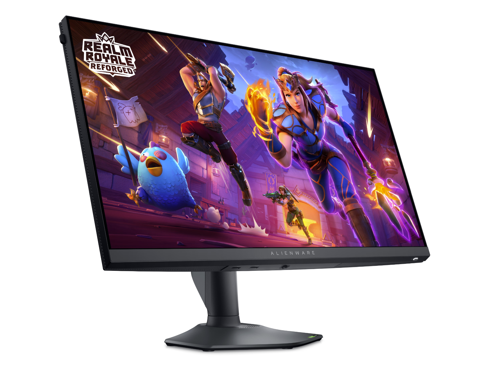 Front view of the Dell Alienware AW2724HF Gaming Monitor with Full HD Resolution at 360Hz showing Realm Royale Reforged Gameplay on the screen and the Monitor tilted.