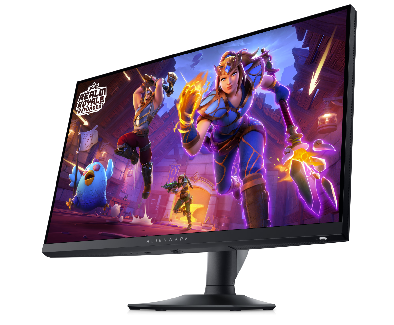 Front view of the Dell Alienware AW2724HF Gaming Monitor with Full HD Resolution at 360Hz showing Realm Royale Reforged Gameplay on the screen showing power button, joystick and USB ports along lower edge of screen.