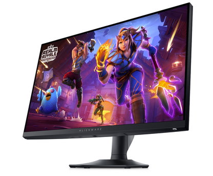 Front view of the Dell Alienware AW2724HF Gaming Monitor with Full HD Resolution at 360Hz showing Realm Royale Reforged Gameplay on the screen showing power button, joystick and USB ports along lower edge of screen.