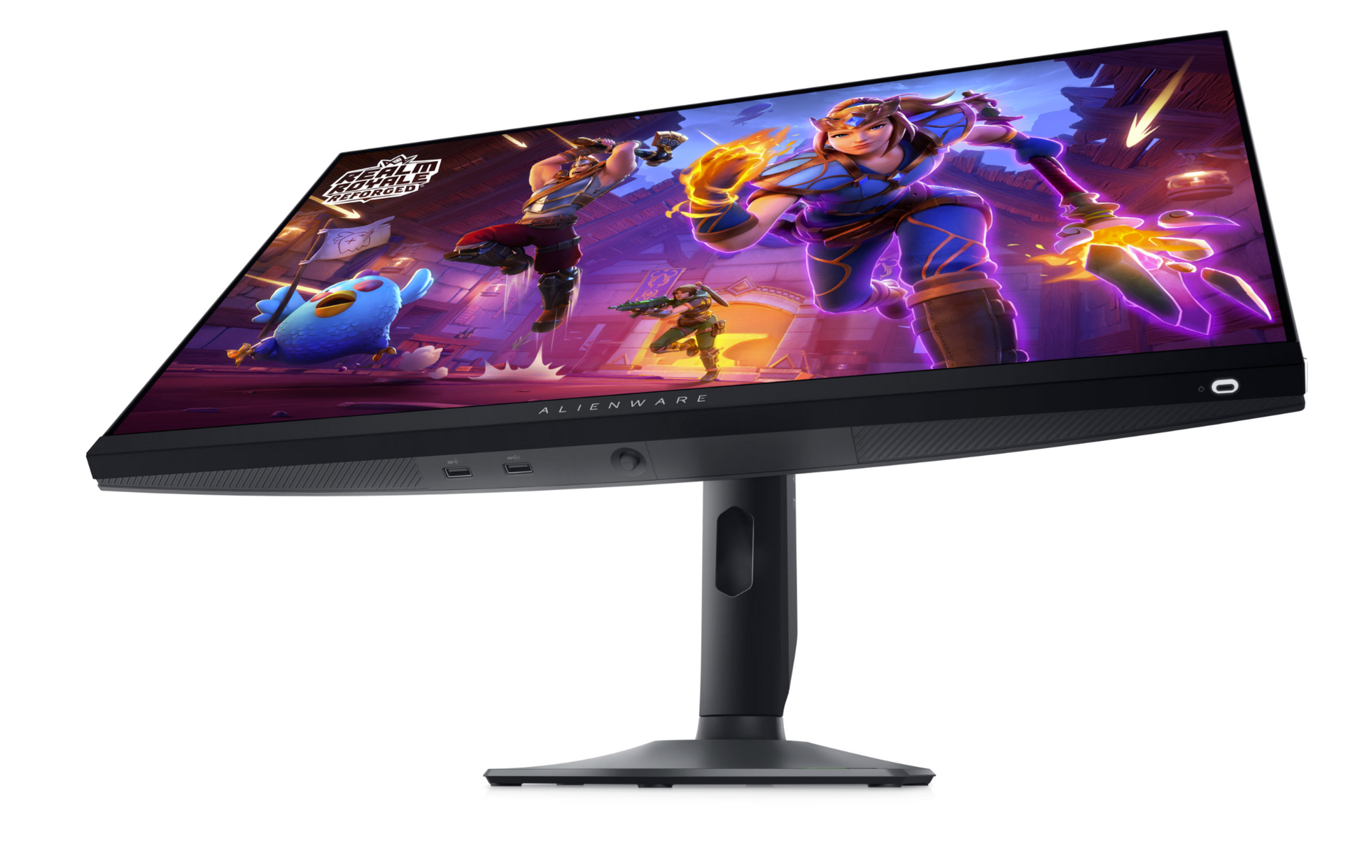 Front view of the Dell Alienware AW2724HF Gaming Monitor with Full HD Resolution at 360Hz showing Realm Royale Reforged Gameplay on the screen and the Monitor tilted showing power button, joystick and USB ports along lower edge of screen.