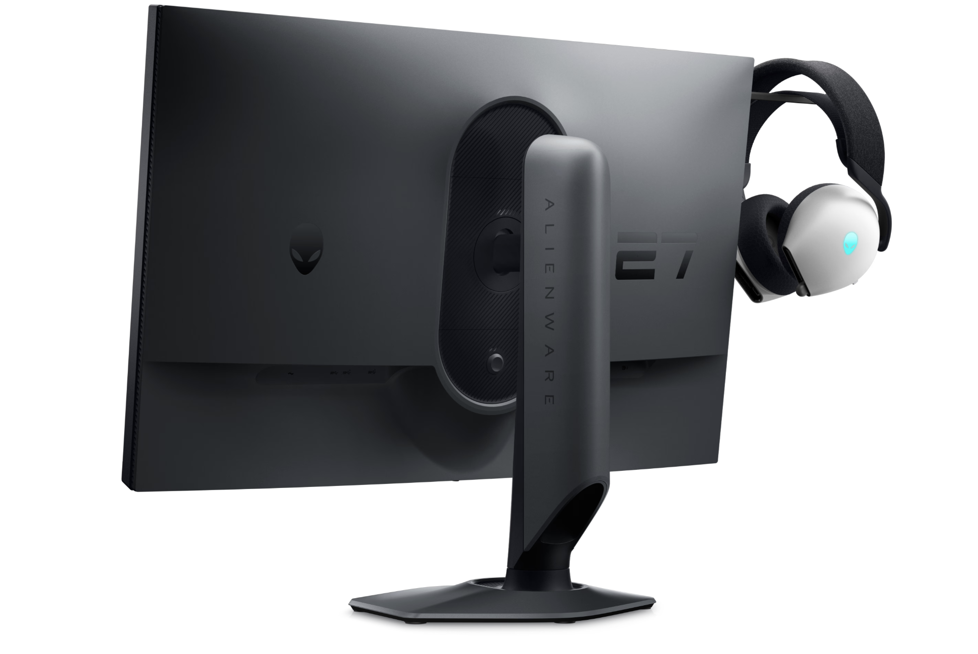 Rear view of the Dell Alienware AW2724HF Gaming Monitor with Full HD Resolution at 360Hz showing an Alienware gaming headset mounted on the headset holder.