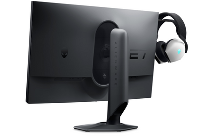 Rear view of the Dell Alienware AW2724HF Gaming Monitor with Full HD Resolution at 360Hz showing an Alienware gaming headset mounted on the headset holder.