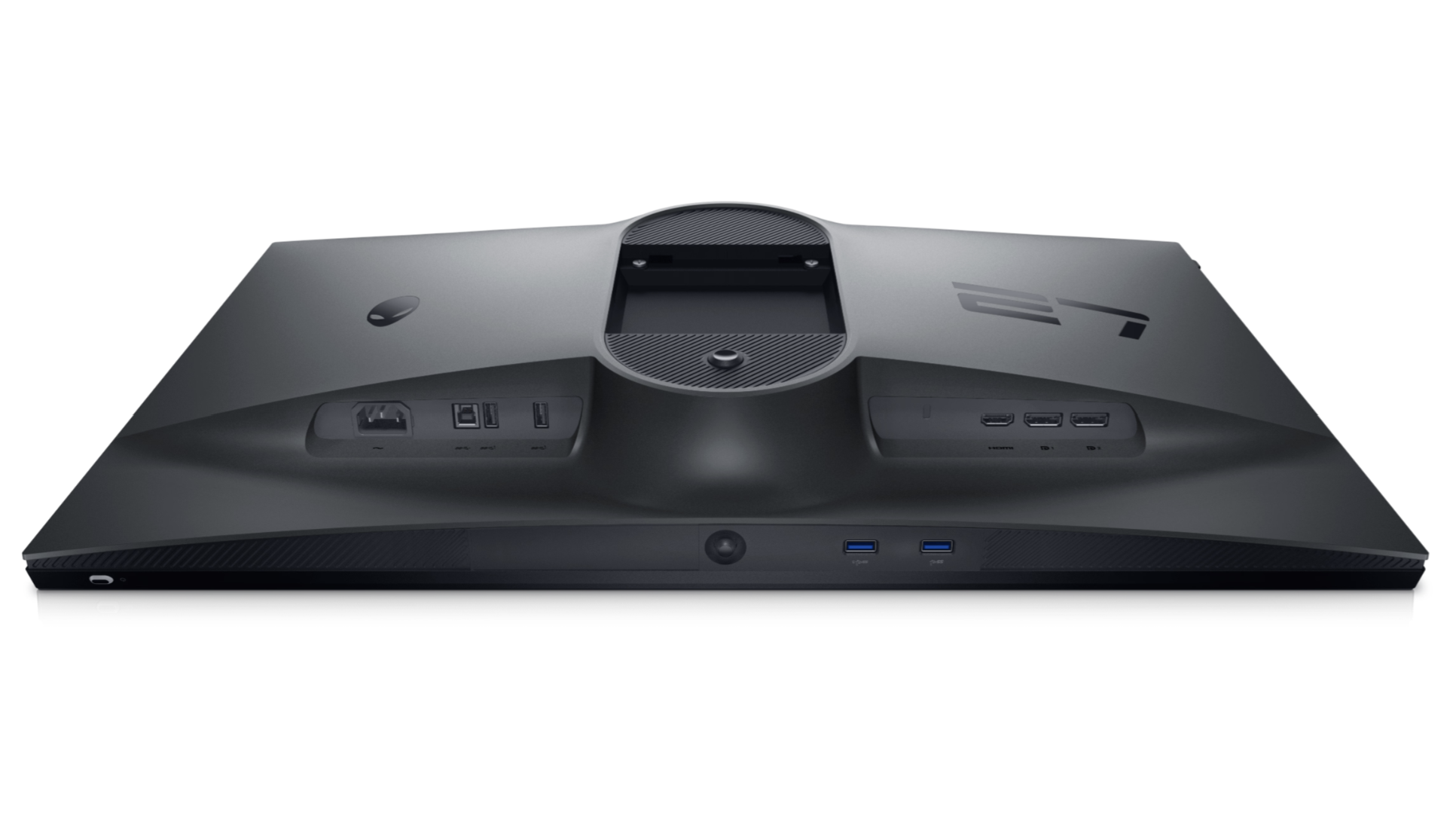 Dell Alienware AW2724HF Gaming Monitor with Full HD Resolution at 360Hz Laid Flat (screen face down) showing alienware logo and the number 27 the stand has been removed. The back plastics are in Dell's "Dark side of the moon" Colour. Also visible are the ports.