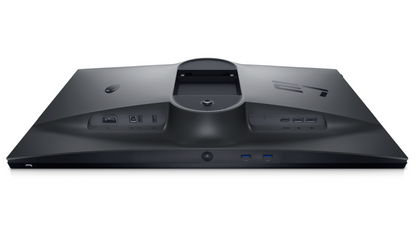 Dell Alienware AW2724HF Gaming Monitor with Full HD Resolution at 360Hz Laid Flat (screen face down) showing alienware logo and the number 27 the stand has been removed. The back plastics are in Dell's "Dark side of the moon" Colour. Also visible are the ports.