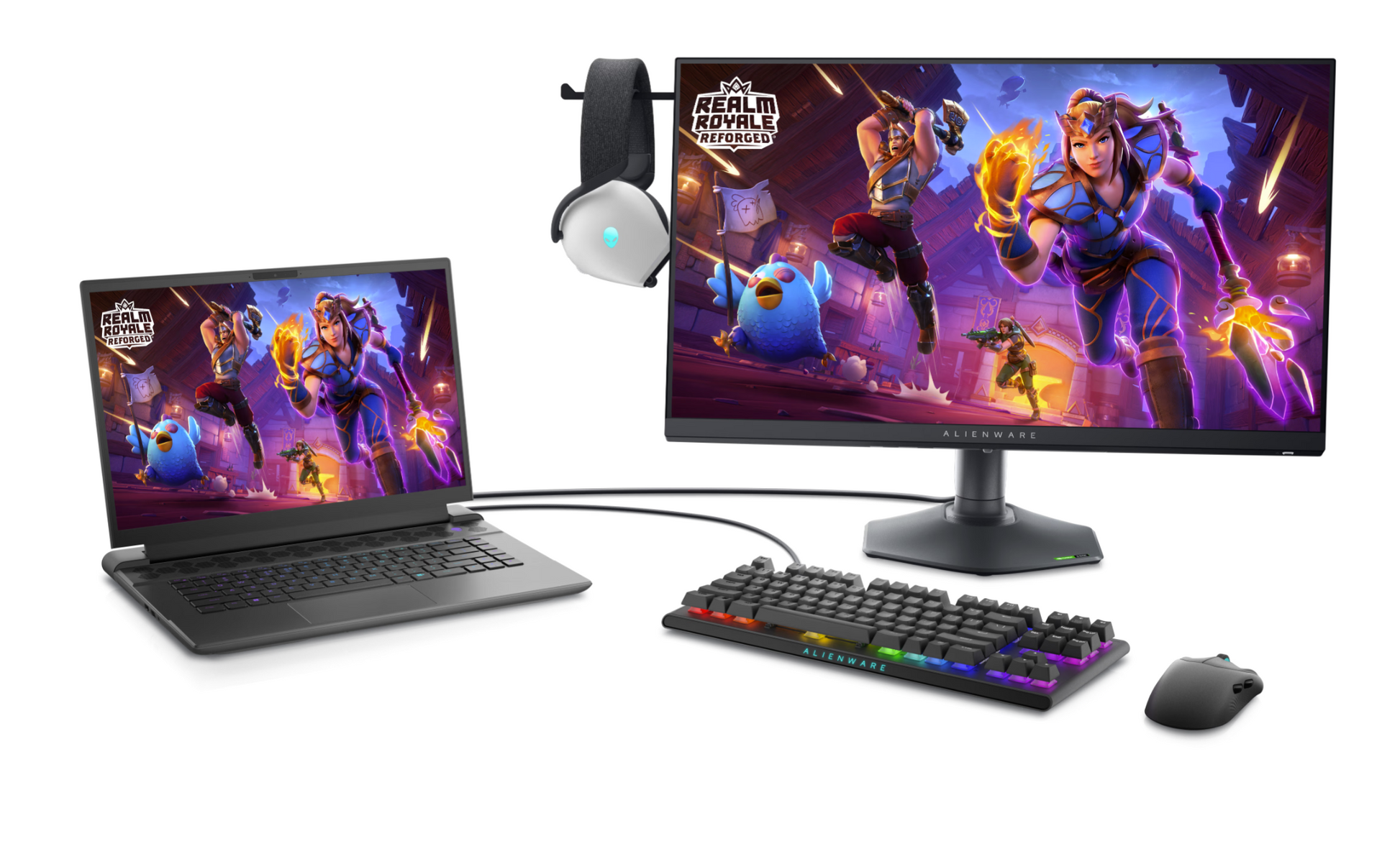 Front view of the Dell Alienware AW2724HF Gaming Monitor with a headset mounted on the headset holder, beside a laptop, multicoloured Backlit Alienware Keyboard and wireless mouse. Realm Royale Reforged Gameplay is showing on both screens.