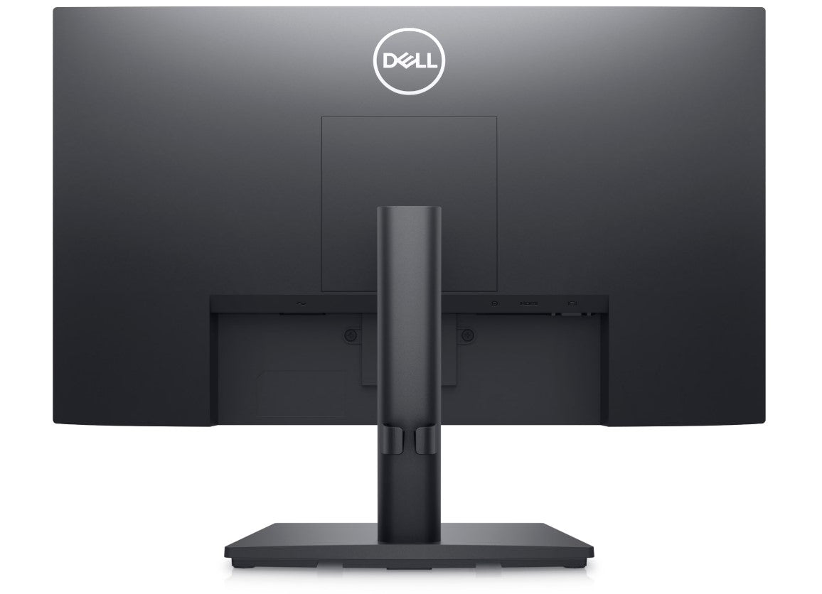 Back of Dell E2222HS A 22 Inch Full HD Monitor with buillt in speakers and a height adjustable stand from the Dell Economy series. The back plastics and stand are black.