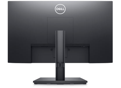 Back of Dell E2222HS A 22 Inch Full HD Monitor with buillt in speakers and a height adjustable stand from the Dell Economy series. The back plastics and stand are black.