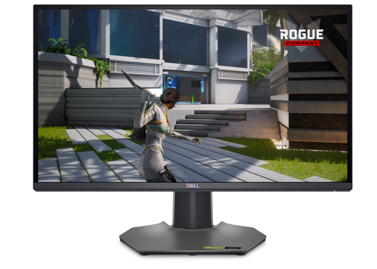 Head on front view of the Dell Gaming G2524H Full Hd Adaptive Sync Monitor showing Rogue company gameplay on the screen.