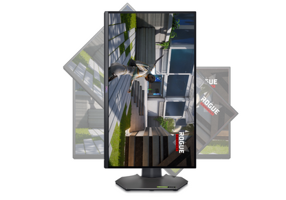 Front view of the Dell Gaming G2524H Full Hd Adaptive Sync Monitor showing Rogue company gameplay on the screen and Rotation adjustability options.