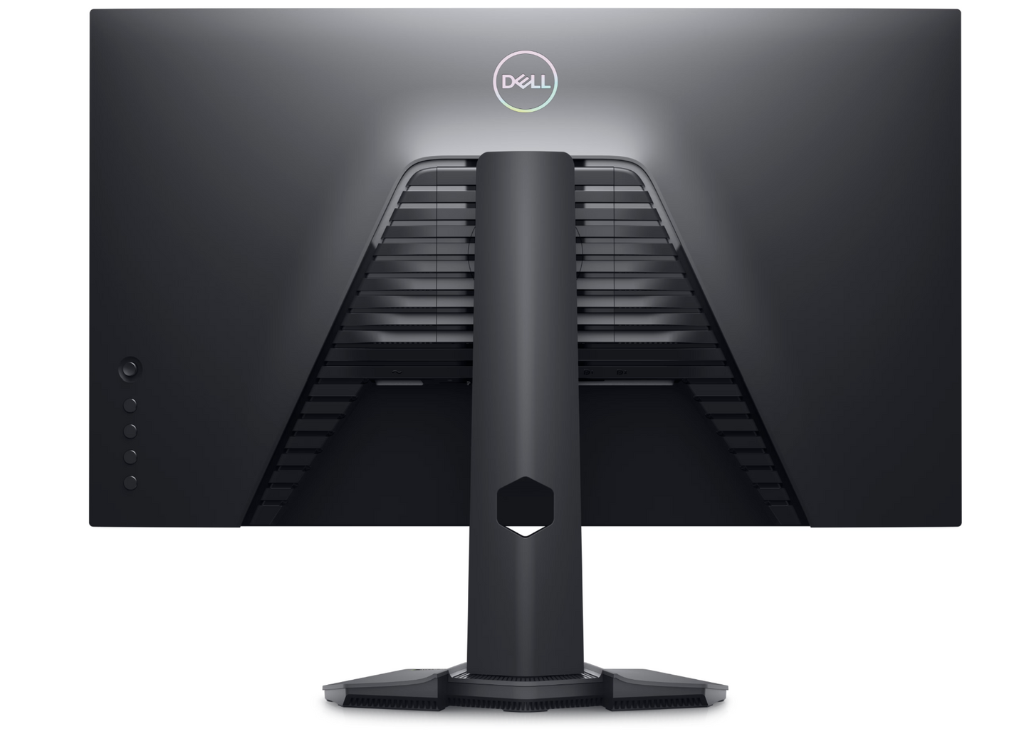 Back view of the Dell Gaming G2724D 27 inch QHD Fast IPS Monitor showing Grey colour scheme on the back plastics and four buttons and a joystick on the left hand side.
