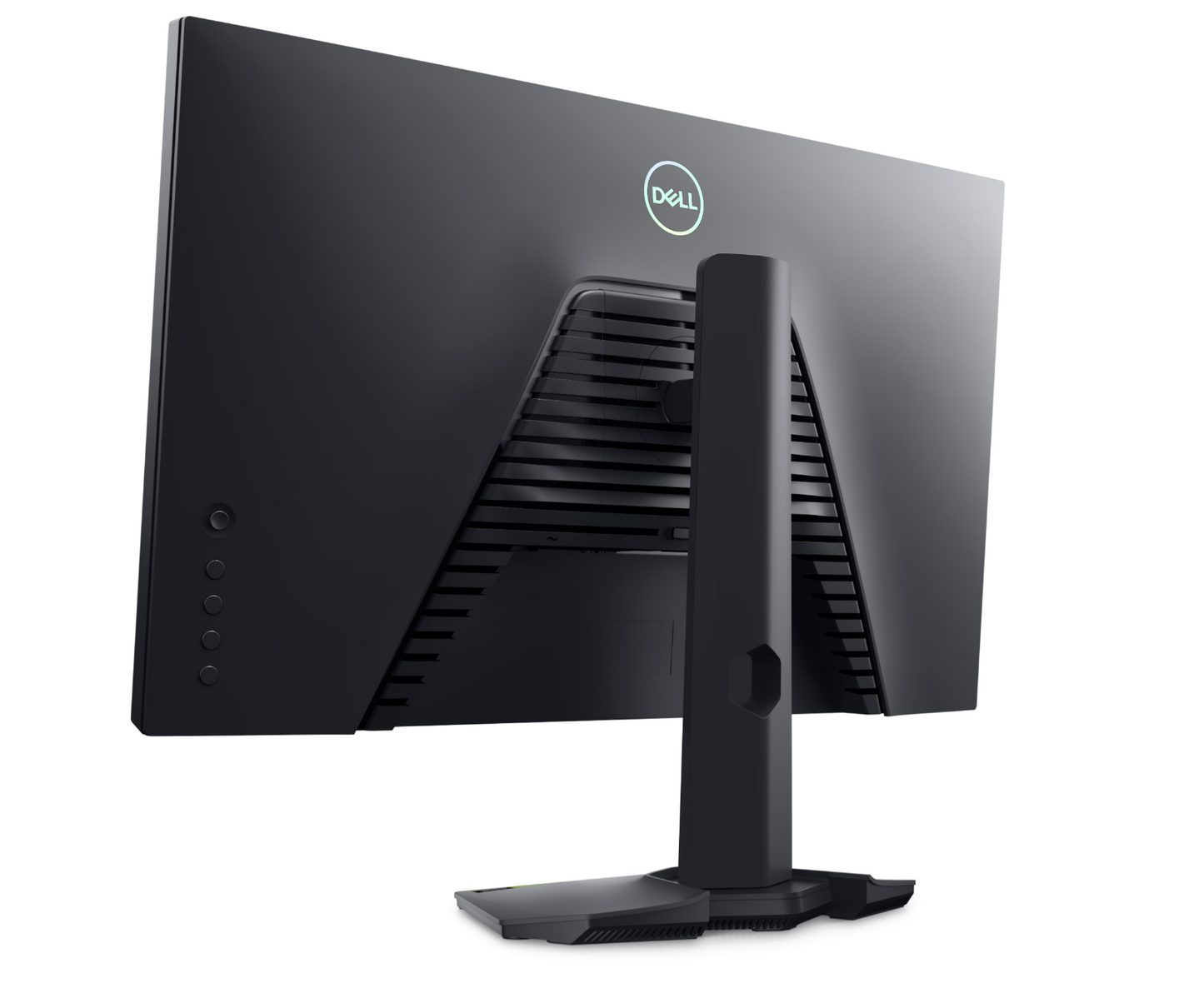 Tilted Back view of the Dell Gaming G2724D 27 inch QHD Fast IPS Monitor showing Grey colour scheme and iridescent Dell logo.