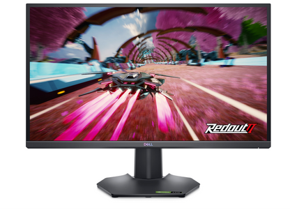 Head on Front view of the Dell Gaming G2724D 27 inch QHD Fast IPS Monitor. showing Redout 2 Gameplay on the display.
