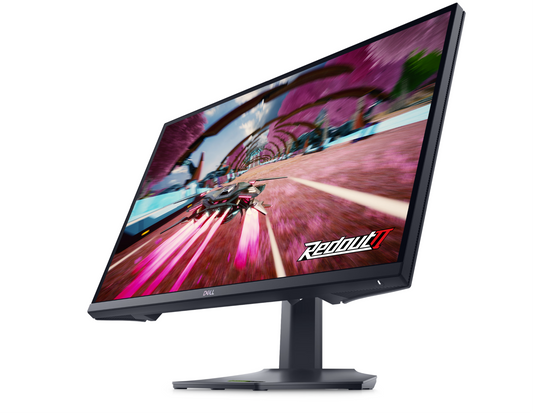 Tilted front view of the Dell Gaming G2724D 27 inch QHD Fast IPS Monitor. showing Redout 2 Gameplay on the display.