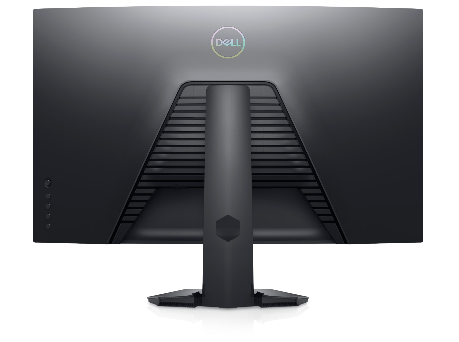 Back of the Dell S3222DGM There is an iridescent Dell Logo in the top centre above the stand which has a small base, height and tilt adjustment and cable management feature. The back plastics and stand are in a Grey colour. There is a joystick and four buttons in a vertical arrangement on the lower left hand side.