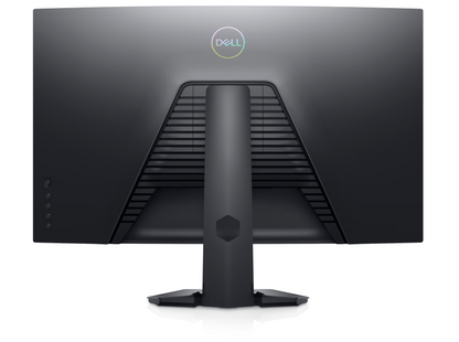 Back of the Dell S3222DGM There is an iridescent Dell Logo in the top centre above the stand which has a small base, height and tilt adjustment and cable management feature. The back plastics and stand are in a Grey colour. There is a joystick and four buttons in a vertical arrangement on the lower left hand side.