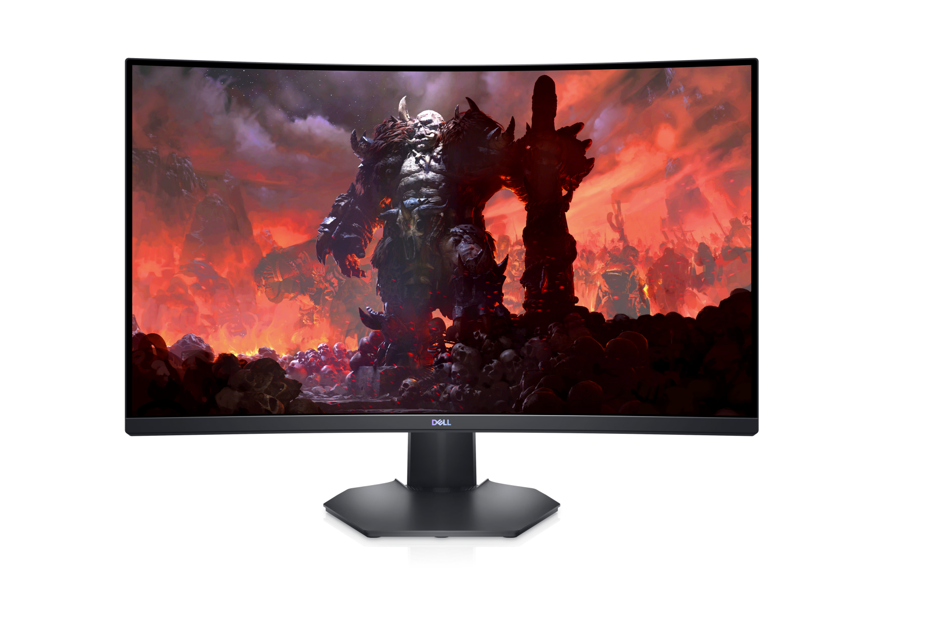Front of the Dell S3222DGM a curved 32 inch QHD Gaming Monitor. The screen shows Spellforce 3: Fallen god Gameplay.
