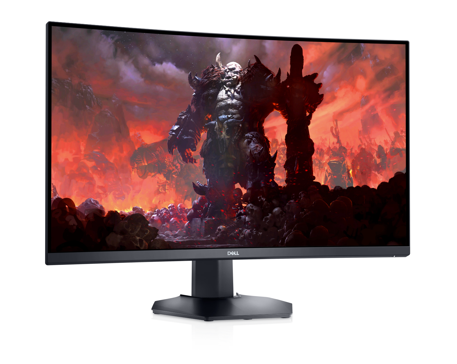 Front of the Dell S3222DGM a curved 32 inch QHD Gaming Monitor. The screen shows Spellforce 3: Fallen god Gameplay.