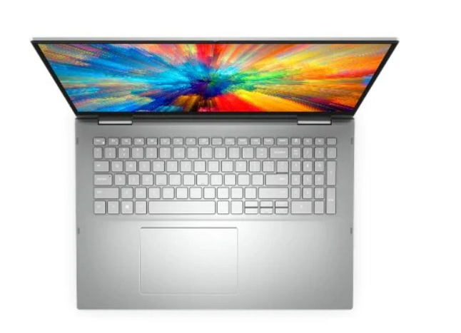 Top view of the Dell Inspiron 7706 - A platinum silver 2in1 laptop with 17 Inch screen and native 2560 x 1600 Resolution. Featuring Windows 11 and an 11th gen intel processor. Connect easily via USB-C (Thunderbolt), USB 3.2 and HDMI. Hosting a GeForce MX350 Graphics Card. 77061165G716GB512SSDMX350