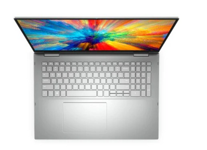 Top view of the Dell Inspiron 7706 - A platinum silver 2in1 laptop with 17 Inch screen and native 2560 x 1600 Resolution. Featuring Windows 11 and an 11th gen intel processor. Connect easily via USB-C (Thunderbolt), USB 3.2 and HDMI. Hosting a GeForce MX350 Graphics Card. 77061165G716GB512SSDMX350