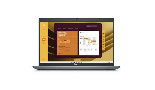 Front of the Dell Latitude 5450 Laptop with a 14 inch screen. The screen shows various charts. There is a camera and privacy shutter in the centre of the surround above the screen.