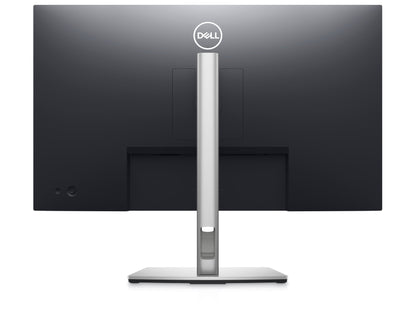Back of the P2723DE Monitor for work. The back plastics are black. The monitor has a slim profile silver stand with cable management. There is a power button and a joystick on the lower left corner.