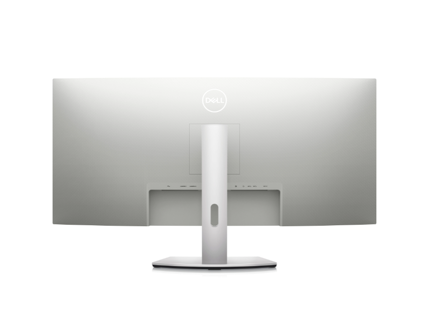 Back of the Dell S3422DW 34 inch curved monitor. The back plastics are in a white colour. The stand is in a platinum silver colour and has Height and tilt adjustability with cable management feature.