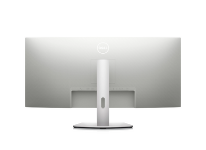 Back of the Dell S3422DW 34 inch curved monitor. The back plastics are in a white colour. The stand is in a platinum silver colour and has Height and tilt adjustability with cable management feature.